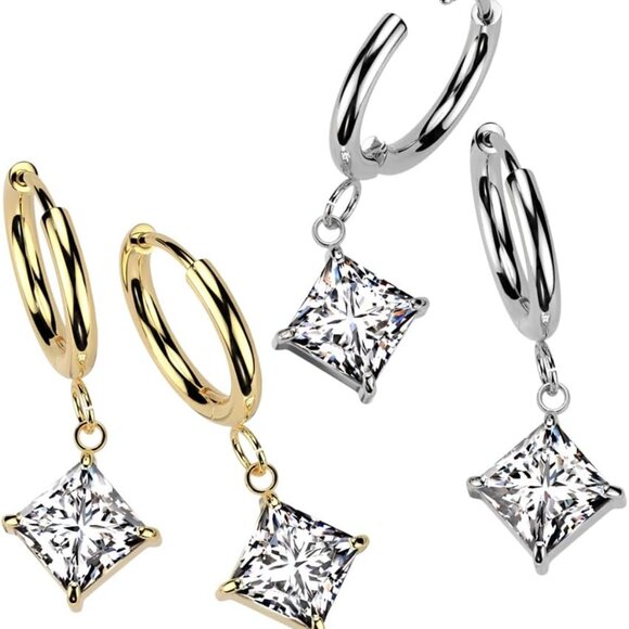 Stainless Steel CZ Diamond Shaped Dangling Huggie Hoop Earrings Pair - Picture 3 of 4